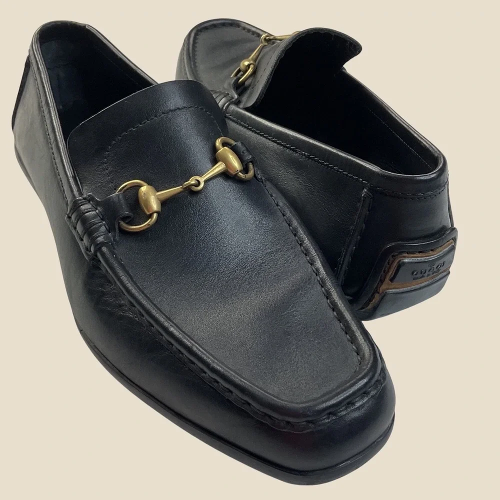 Gucci loafers Black Leather Horsebit Driving Shoes 117708 Italy Size 9.5 D men